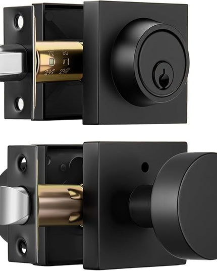 Black Door Knobs with Deadbolt, Heavy Duty Front Door Knob and Deadbolt Set, Exterior Door Knob with Single Cylinder Deadbolt Lock Set (1 Pack)