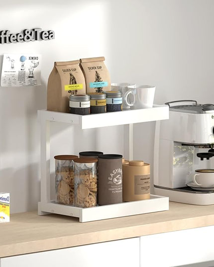 MARTY 2 Tier 15.75"x8.9" Large Countertop Shelf Organizer Spice Rack, Coffee Station Organizer for Mugs Cups, Wooden Shelf Desktop Storage Organizer for Kitchen Bathroom Home Office (White)