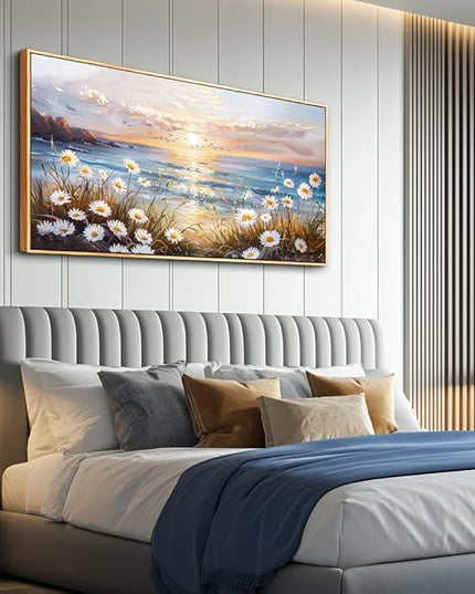PHAOHUAXM Large Wall Art For Living Room Canvas Wall Decor For Office Bedroom Decorations Blue Ocean Landscape Wall Pictures Artwork Modern Beach Posters Aesthetic Home Decor Wood Framed 24"x48"