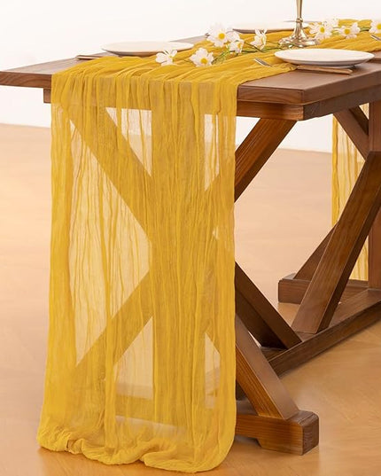 Socomi 10pcs Gold Yellow Cheesecloth Table Runner Boho Rustic Gauze 120 inch 10FT Cheese Cloth Runner for Wedding Party Baby Shower Birthday Home Decor Holiday Decorations