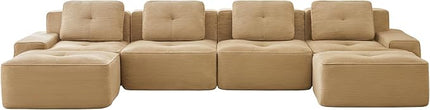 Hommoo 153" Oversized Sectional Sofa, Modular U Shaped Couch with Ottoman, Comfy Corduroy Couches with Deep Seat, 6 Seat Convertible Boneless Sofa for Living Room No Assembly Required Camel
