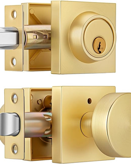 Brushed Gold Door Knobs with Deadbolt, Heavy Duty Front Door Knob and Deadbolt Set, Exterior Door Knob with Single Cylinder Deadbolt Lock Set (1 Pack)