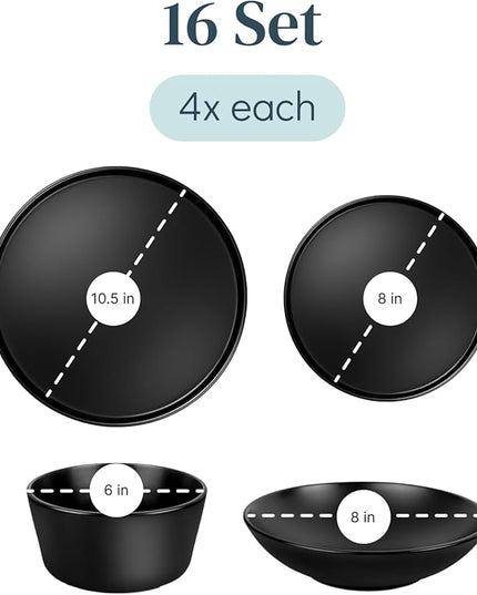 Stoneware dinnerware set 4 persons 16 pcs – Matte black ultra chic plates and bowls set – Dishwasher and microwave safe – Bowl and plate set – Dinner service Pure Living