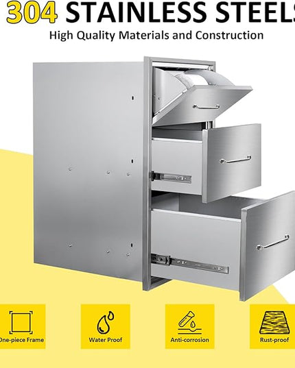 Outdoor Kitchen Drawers with Paper Towel Holder 17" W x 30"H Flush Mount BBQ Drawers with Chrome Handle,Stainless Steel Built-in Triple Access Drawers for Outdoor Kitchen Island, Patio Grill Station