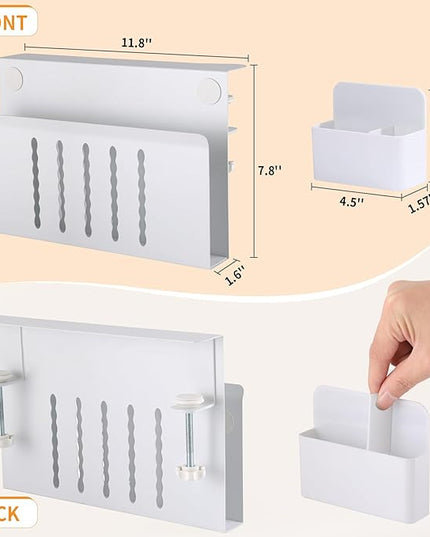 Desk Side Storage Under Desk Laptop Holder, No Drill Hanging Desk Organizer with Pen Holder, Clamp-On Table Side Tray Desktop Organization Mount for Office and Home (White)