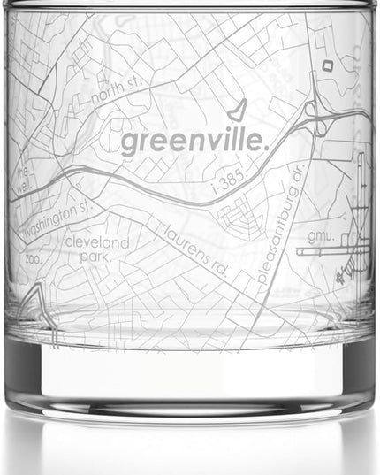 Well Told Engraved Greenville South Carolina Map Rocks Glass, Old Fashioned Glassware (11 oz, Clear) Etched Bourbon Tumbler, Gifts For Whiskey Lovers