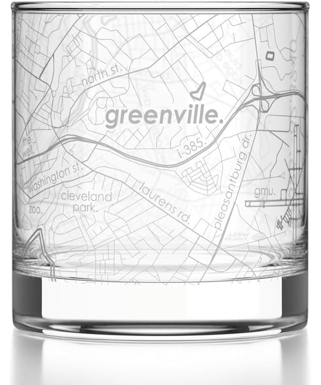 Well Told Engraved Greenville South Carolina Map Rocks Glass, Old Fashioned Glassware (11 oz, Clear) Etched Bourbon Tumbler, Gifts For Whiskey Lovers