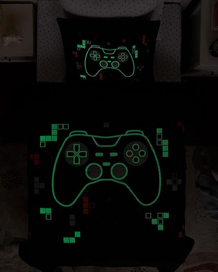 Twin Comforter Set for Boys-5 Pieces Gamer Glow in The Dark Twin Bedding Sets for Kids, Ultra Soft Bed in A Bag with Sheets