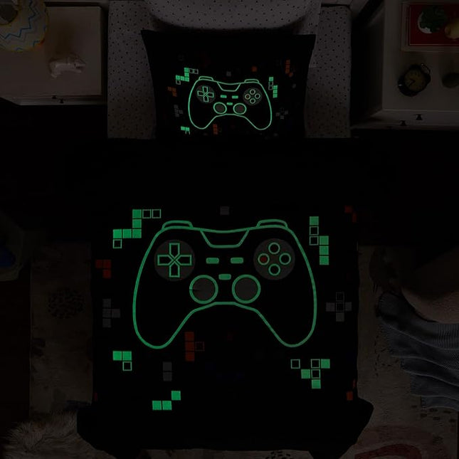 Twin Comforter Set for Boys-5 Pieces Gamer Glow in The Dark Twin Bedding Sets for Kids, Ultra Soft Bed in A Bag with Sheets