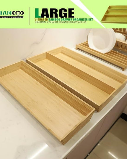 2-Piece V-Shaped Bamboo Drawer Organizer - Ideal for Kitchen's Large Long Tableware, Cooking Utensils, Flatware, Silverware - Wood Storage Box for Home, Bedroom, Bathroom (19.6"x12.4" & 19.6"x7.8")