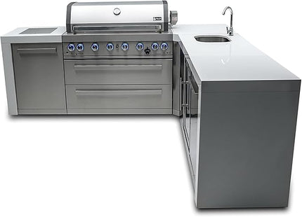 Mont Alpi MAi805-D90BEV L-shaped 6-Burner 115000 BTU Premium Deluxe Modular Stainless Steel Outdoor Kitchen Island BBQ Gas Grill + Beverage Center + Granite Countertops + Grill Cover + Rotisserie Kit