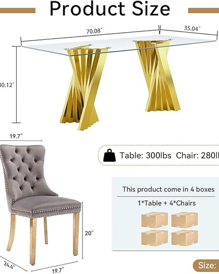 5 Piece Glass Dining Table Set,70" Dinner Room Glass Table Set for 4,Modern Kitchen Dinner Table Set with Stainless Steel Base and 4 Upholstered Velvet Dining Chairs for Living Dining Room
