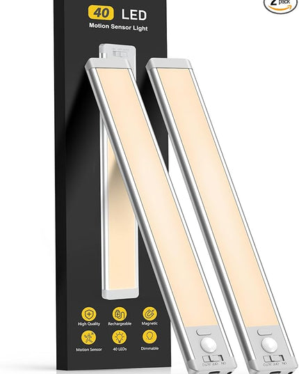 10inch Under Cabinet Lighting, 2 Pack Rechargeable Motion Sensor Light Indoor, 5 Levels Dimmable Magnetic Closet Lights, Wireless Under Counter Lights for Kitchen, Stairs
