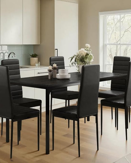 Gizoon Dining Table Set for 6, Kitchen Table Chairs Set of 6, 7 Piece Kitchen Table Set with 6 Upholstered PU Leather Chairs for Dining Room, Living Room, Apartment, Small Space, Black