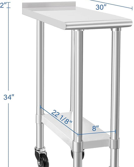 HARDURA Stainless Steel Commercial Work Table with Wheels Prep & Work Metal Table 30×12 Inches Heavy Duty NSF with Casters and 2" Backsplash