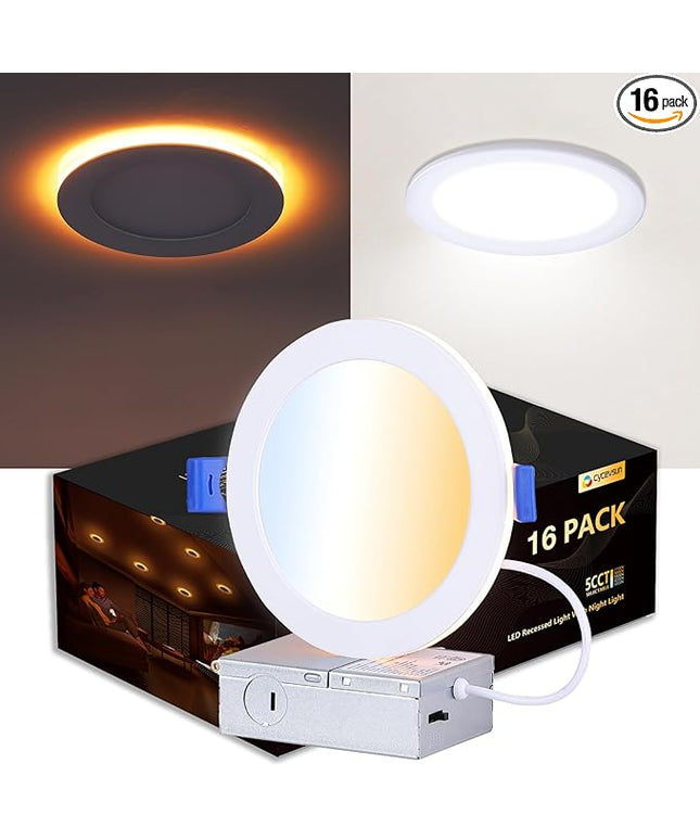 CycevSun Canless 6 Inch LED Recessed Lights with Night Light 16 Pack, Ultra Thin Wafer Downlight Indoor Exterior Soffit, Dimmable & 5 Color Selectable,12W, 120V, ETL Listed