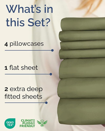 Extra Deep Split King Sheet Set - 7 Piece Breathable & Cooling Sheets - Hotel Luxury Bed Sheets Set - Easy Fit - Soft, Wrinkle Free & Comfy Sheets Set - Sage Green Sheet Set with Extra Deep Pockets