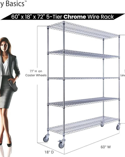 NSF Commercial 5-Tier Wire Shelving with Wheels, 60"x18"x72" Heavy Duty Metal Shelves 4000 lbs Max Capacity, Chrome Storage Rack for Garage Kitchen Pantry Warehouse