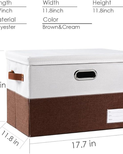 PRANDOM Foldable Storage Bins with Lids [3-Pack] Fabric Collapsible Storage Boxes Baskets Cubes Containers with Handles for Closet Living Room Bedroom (Brown & White 17.7x11.8x11.8'')
