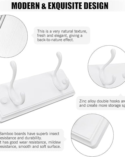 Wooden Coat Rack, Wall-Mounted Organizer for Closet, Entryway, Hallway, Foyer, Bedroom, Heavy Duty Double Hooks for Hanging Towels, Bags, Hats, Jackets, Key (White, 2 Hooks)