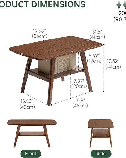 100% Solid Oak Wood Coffee Table for Living Room, 2-Tier Small Table with Storage Shelf, Mid Century Modern Coffee Tables (Walnut, 31.49" x 19.68" x 17.32")