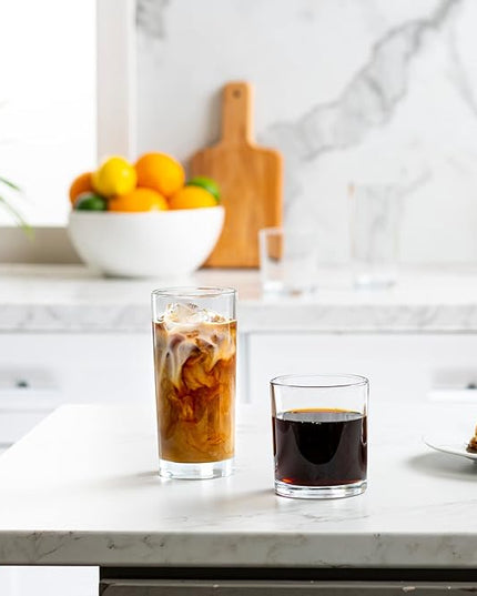 Everyday Drinking Glasses Set of 8 Drinkware Hurricane Glasses, Kitchen Glasses for Cocktail, Iced Coffee, Beer, Ice Tea, Wine, Whiskey, Water, 4 Tall Glass Cups & 4 Short Dof Drinking