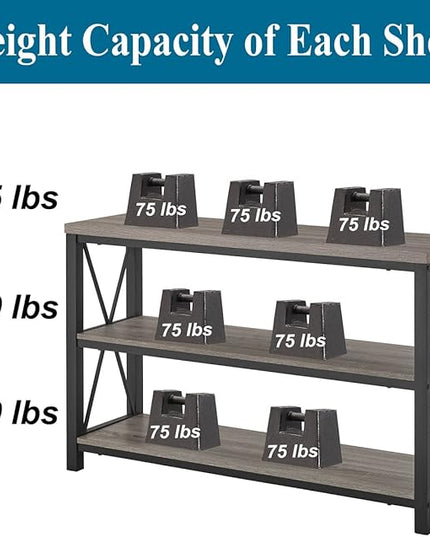 BON AUGURE Rustic Sofa Table Behind Couch, Industrial Console Tables for Entryway, 3 Tier Wood Shelves Entry Table with Storage for Foyer, Hallway, Front Door (47 Inch, Dark Grey Oak)