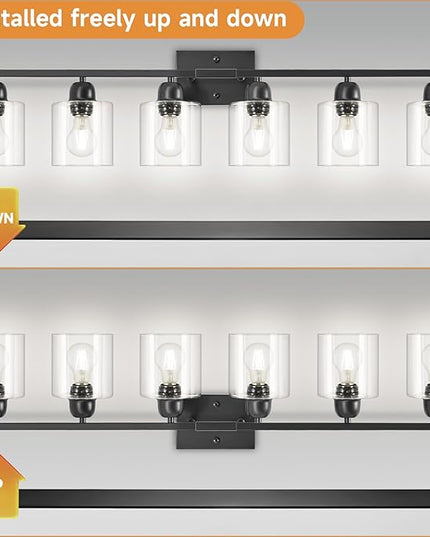 Bath Vanity Lights For Mirror, Restroom Lights Fixtures With Milky White Frosted Glass Shades,Bathroom Over Sink Light Fixtures, Bathroom Light Fixtures Over Mirror (Black with clear glass, 6-Light)