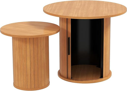COSVALVE Nesting Coffee Table Set of 2 with Hidden Storage & Sliding Door, Circle Wood Coffee Table, Farmhouse Side & End Table Sets for Living Room, Small Spaces, Natural