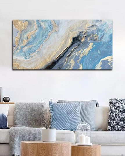Abstract Canvas Wall Art Decor for Living Room Blue Gold Marbling Pictures Painting for Bedroom Modern Abstract Canvas Art Ptints for Bathroom Office Home Decorations