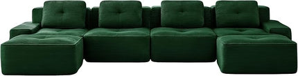 Hommoo 153" Oversized Sectional Sofa, Modular U Shaped Couch with Ottoman, Comfy Corduroy Couches with Deep Seat, 6 Seat Convertible Boneless Sofa for Living Room No Assembly Required Green