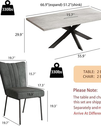 ZckyCine 6-Piece Extendable Dining Table Set, Modern 51''–67'' Grey Wood Table with 6 Black Fabric Chairs, Dining Room Table and Chairs for 6, Ideal for Kitchen or Dining Room