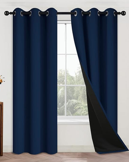 Yakamok 84 Inch Length 100% Blackout Window Curtain Panels, Full Light Blocking Drapes with Black Liner Thermal Insulated Drapes for Bedroom (42Wx84L,Navy Blue, 2 Panels)
