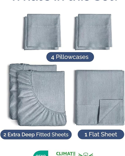 Extra Deep Split King Sheet Set - 7 Piece Breathable & Cooling Sheets - Hotel Luxury Bed Sheets Set - Easy Fit - Soft, Wrinkle Free & Comfy Sheets Set - Heathered Blue Sheet Set w/Extra Deep Pockets