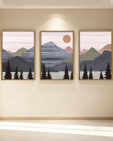ANHUIB Mountain Framed Wall Art 16x24 Inch Large Nature Wilderness Art Print Abstract Landscape Painting Set of 3 for Living Room Bedroom Office