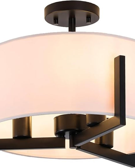 16 inch Semi Flush Mount Ceiling Light: 3-Light Black Modern Light Fixtures Ceiling Mount with Drum Fabric Shade, Close to Ceiling Lamp for Bedroom, Kitchen, Entryway (Bulb Exclude)