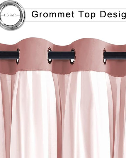 Hiasan Double Layer Blackout Curtains with Sheer Overlay, Extra Long Mix & Match Thermal Insulated Grommet Window Curtains for Bedroom, Living Room, 2 Panels with Tiebacks,Dusty Rose, 52W X 108L