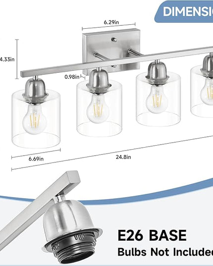 Modern Brushed Nickel 4 Light Bathroom Light Fixtures, 24 inch Vanity Lights for Bathroom with Clear Glass, Vanity Lights for Mirror Kitchen Living Room Hallway Cabinet Porch