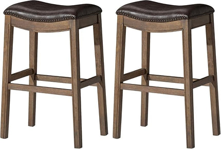 Maven Lane Adrien Backless Bar Stool – Set of 2 – 31 Inch Saddle Seat with Footrest – Brown Solid Wood Frame & Beige Faux Leather Upholstery – Ideal for Bars, Pub Tables & Tall Kitchen Counters