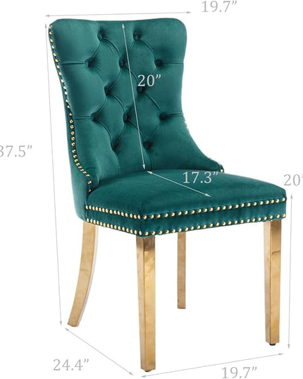 SoarFlash Velvet Dining Chair Set of 2, Upholstered Tufted Dining Room Chair with Nailhead Trim and Solid Gold Plated Leg for Kitchen (Green)