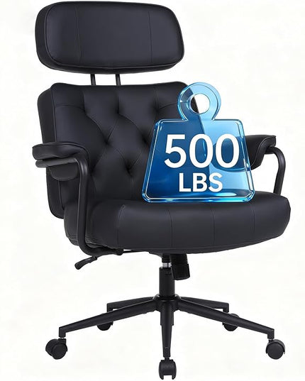Big and Tall Office Chair 500LBS, Executive Office Chair for Heavy People, Heavy Duty Desk Chair Comfy, Computer Chair High Back PU Leather, Extra Wide Rocking Chair with Wheels for Home Office, Black