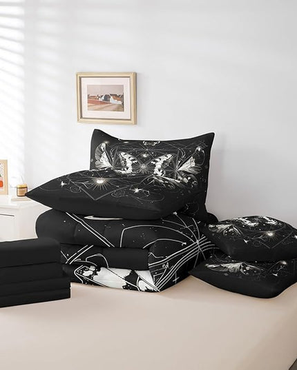 Feelyou Death Moth Kids Comforter Set 7 Pieces, Bohemian Bedding Full with 1 Comforter,1 Fitted Sheet,1 Flat Sheet,2 Pillowcases,2 Throw Pillow Cover, Sun and Moon Galaxy Bed Set for Boys Girl