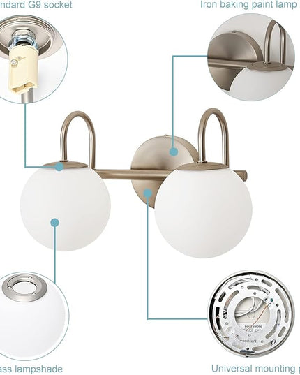 Modern Bathroom Vanity Light Fixtures Brushed Nickel 2 Lights Milk White Globe Glass Shade Modern Wall Sconce Lights Vanity Lights Over Mirror(Exclude G9 Bulb)