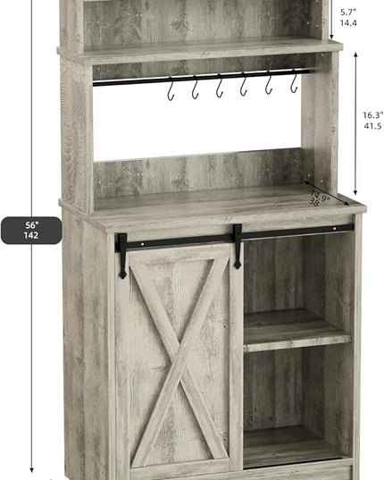 Farmhouse Coffee Bar with 3 Tier Storage Hutch, 56 Inch Small Coffee Station with 6 Hooks, Corner Bar Table with Adjustable Shelves for Living Dining Room (Grey)