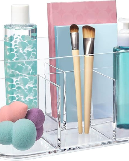 STORi Bliss 5-Compartment Plastic Cosmetics Storage Organizer | Clear | Rectangular Divided Makeup Bin & Vanity Caddy with Pass-Through Handles | Round Corner Design | Made in USA