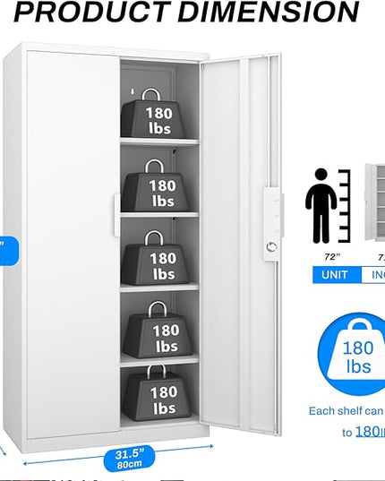 Metal Garage Storage Cabinet with Lock, 71" Tall Steel Storage Locker with 4 Adjustable Shelves, Heavy Duty Metal Cabinet for Garage, Office, Home, 31.5”W × 16.5”D, White