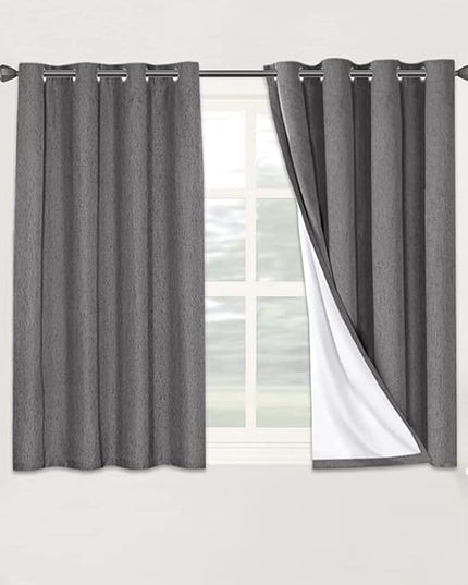 H.VERSAILTEX Linen Blackout Curtains 45 Inches Long 100% Absolutely Blackout Thermal Insulated Textured Linen Look Curtain Draperies Anti-Rust Grommet, Energy Saving with White Liner, 2 Panels, Grey