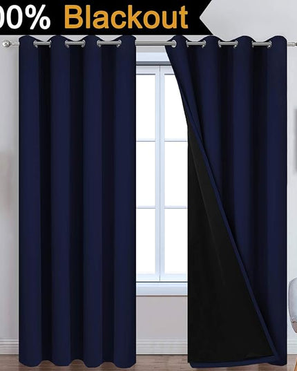 Yakamok 100% Blackout Curtains with Black Lined Thermal Insulated Room Darkening Curtains for Living Room(52Wx96L, Navy Blue, 2 Panels)