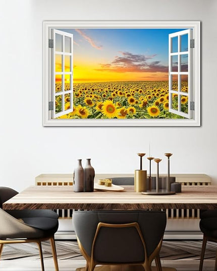 Sunflower Wall Art Decor Flower Canvas Pictures for Living Room Rustic Painting for Wall Window Style Sunset Art Prints for Bedroom Nature Floral Landscape Artwork for Home Office Kitchen Decorations,