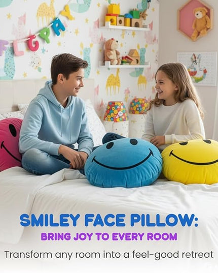 Smiley Face Pillow - Cute Plush for Fun Bedroom Decor - 16" X 16" Soft Cotton Cool Smiley Pillow with Inserts Included - Birthday Gift - Room Decor Aesthetic for Bedroom. (Yellow)